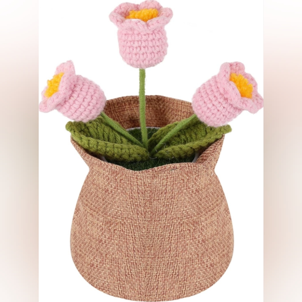 Crochet Pink Flower Arrangement in Brown Vase‎